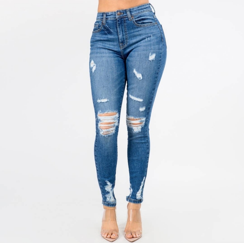 High waisted distressed jeans
